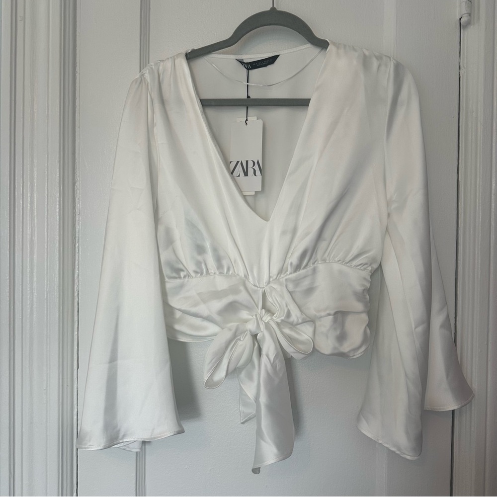 Zara Elegant Tie Up Front White Satin Bell Sleeve Blouse Small New With Tag